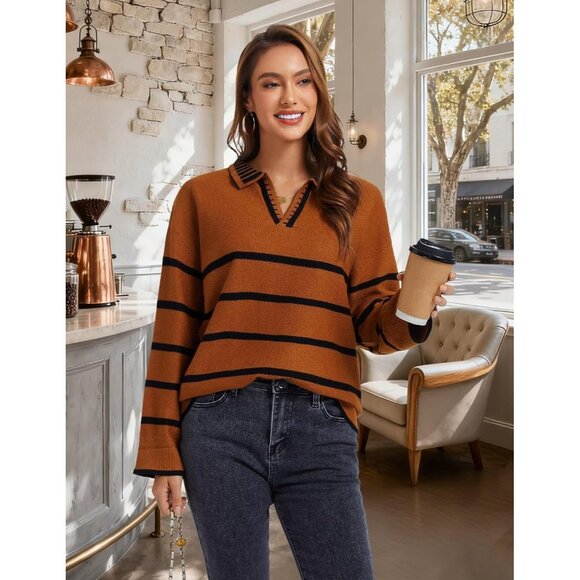 Women’s  Caramel Fall Polo Sweater Striped V Neck Long Sleeve Pullover - Picture 6 of 6